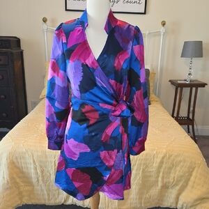 Blue & Magenta Abstract Floral Long-Sleeve Wrap Dress